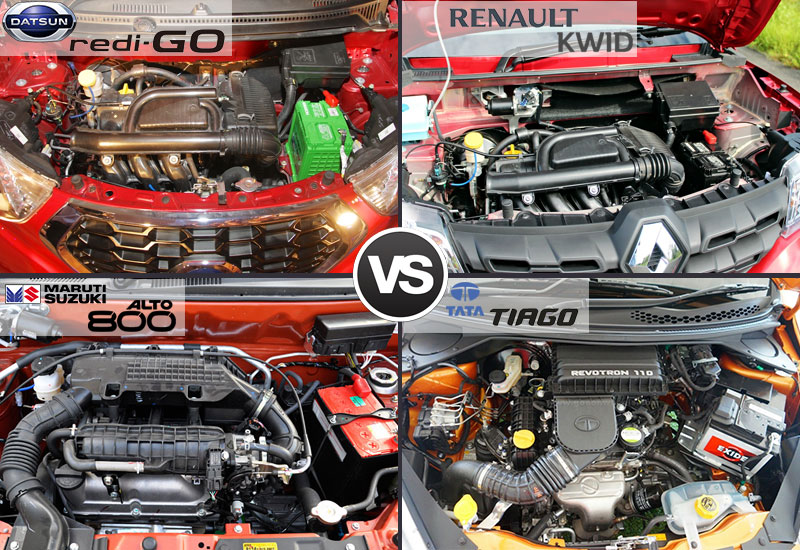 Datsun Redi Go vs Renault Kwid vs Maruti Alto 800 vs Tata Tiago Engine and Performance